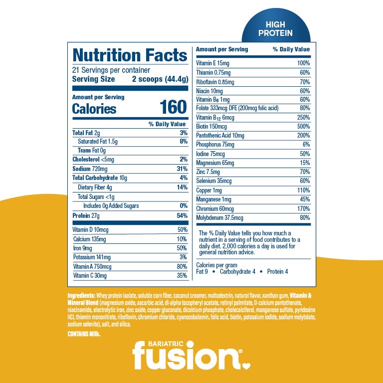 Nutrition label on Bariatric Fusion tub shows gluten-free and sugar-free formulation.