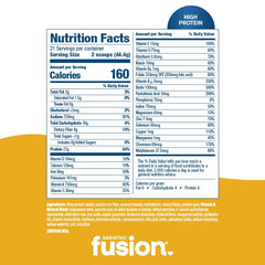 Nutrition label on Bariatric Fusion tub shows gluten-free and sugar-free formulation.