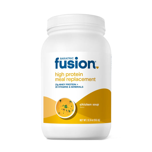 Bariatric Fusion Chicken Soup powder tub highlighting high-protein nutrition for post-surgery.