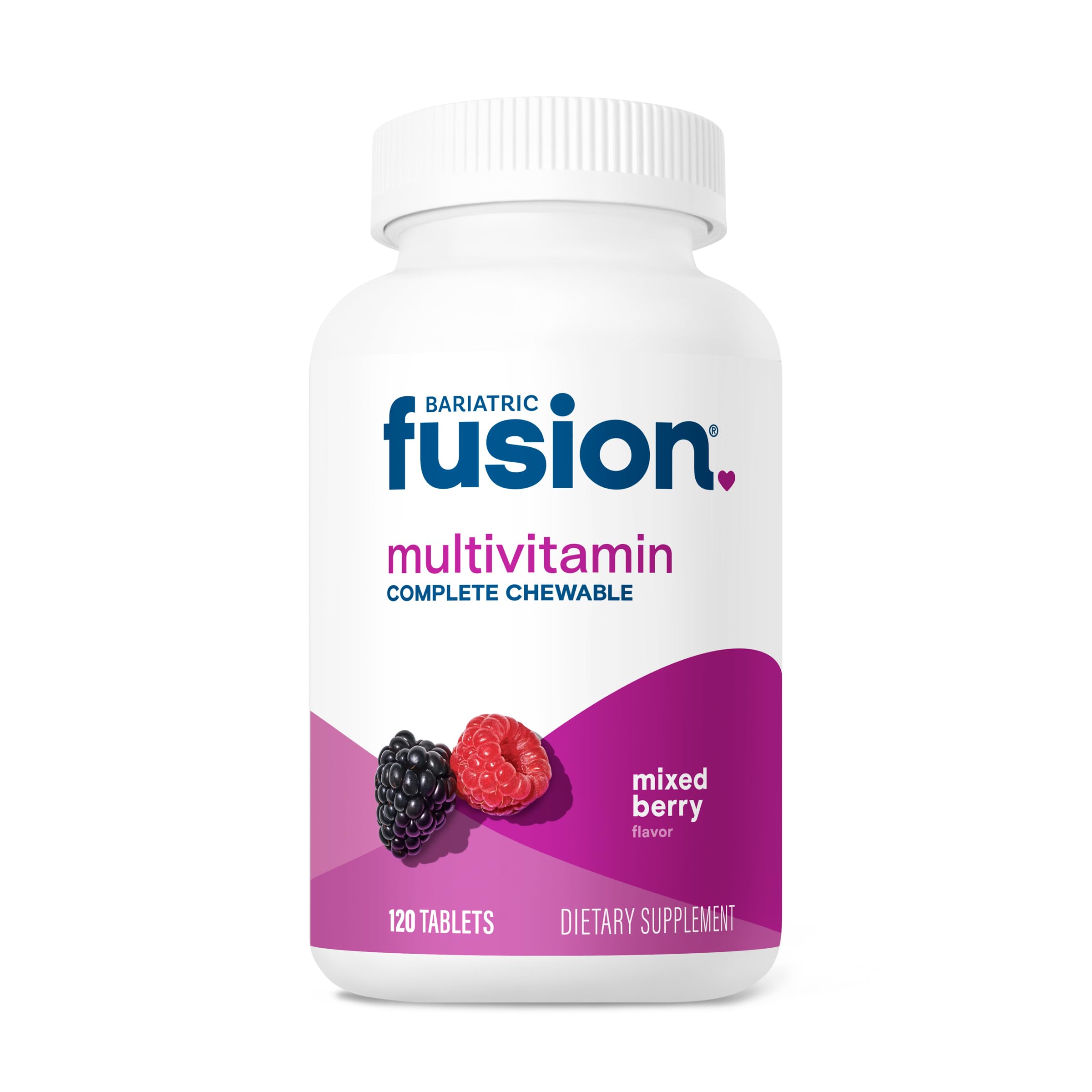 Bariatric Fusion complete chewable multivitamin bottle supports daily nutrition.