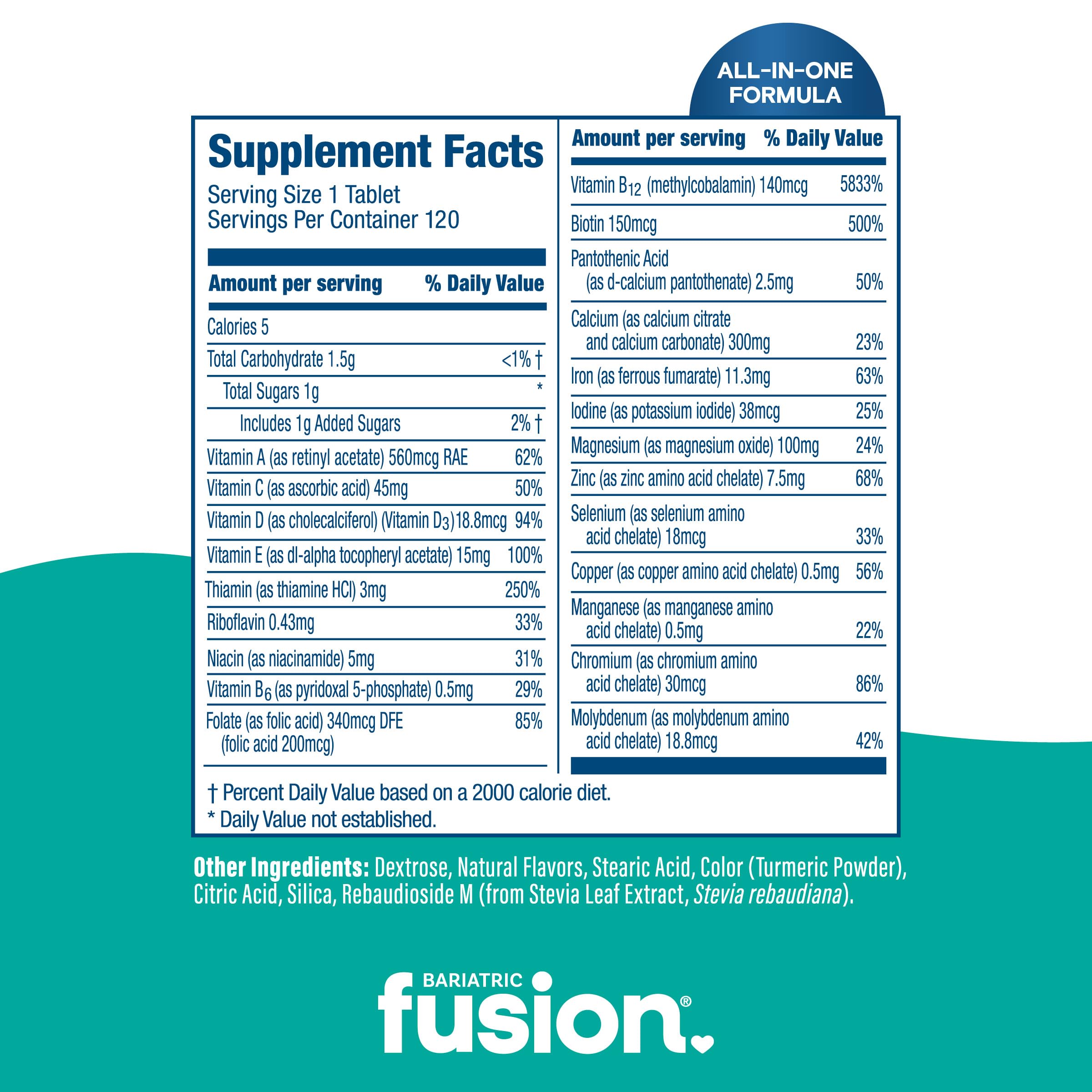 Bariatric Fusion daily-use chews four-per-day guidance illustrated by tablet layout