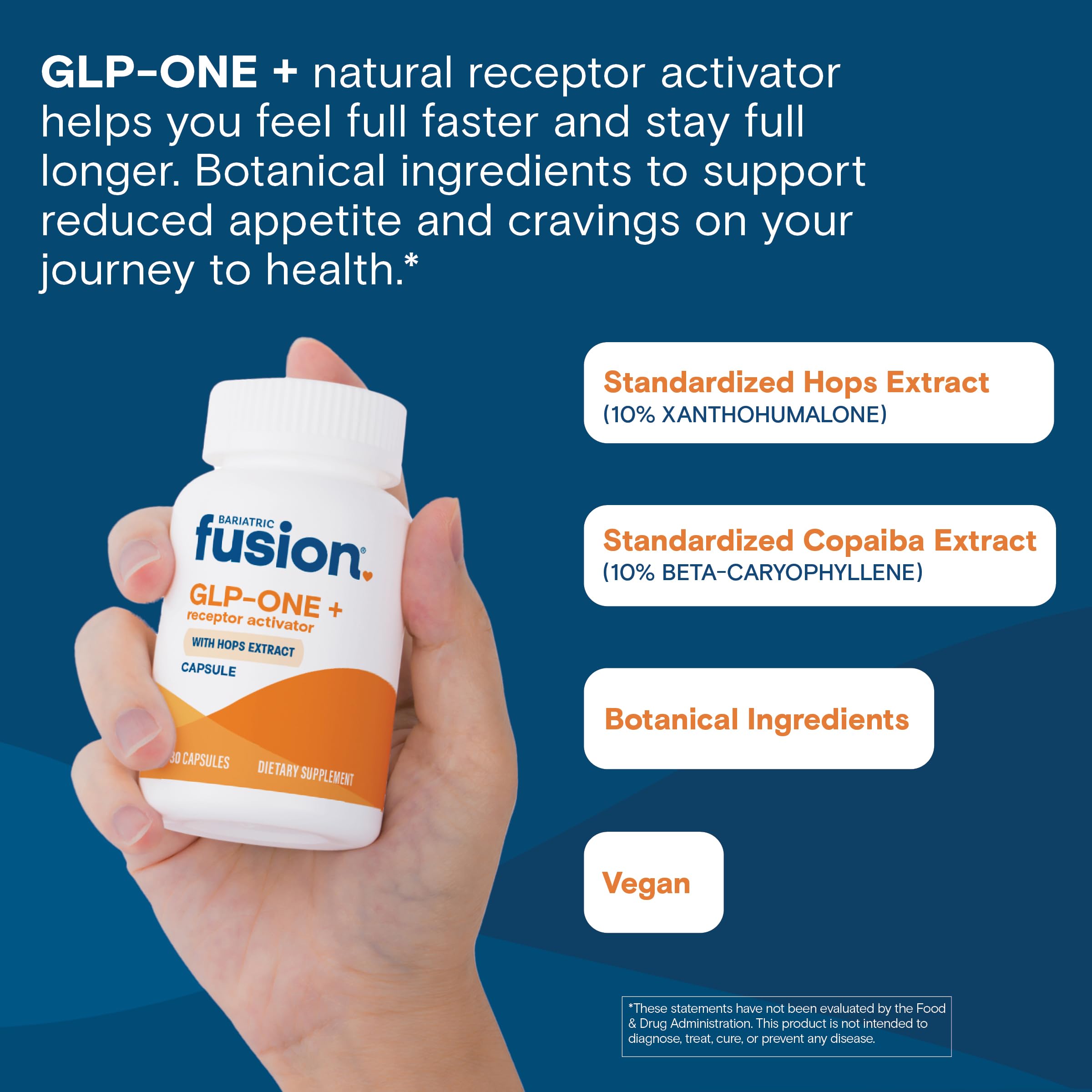 Bariatric Fusion GLP-ONE Plus gluten-free vegan formulation badge on packaging.