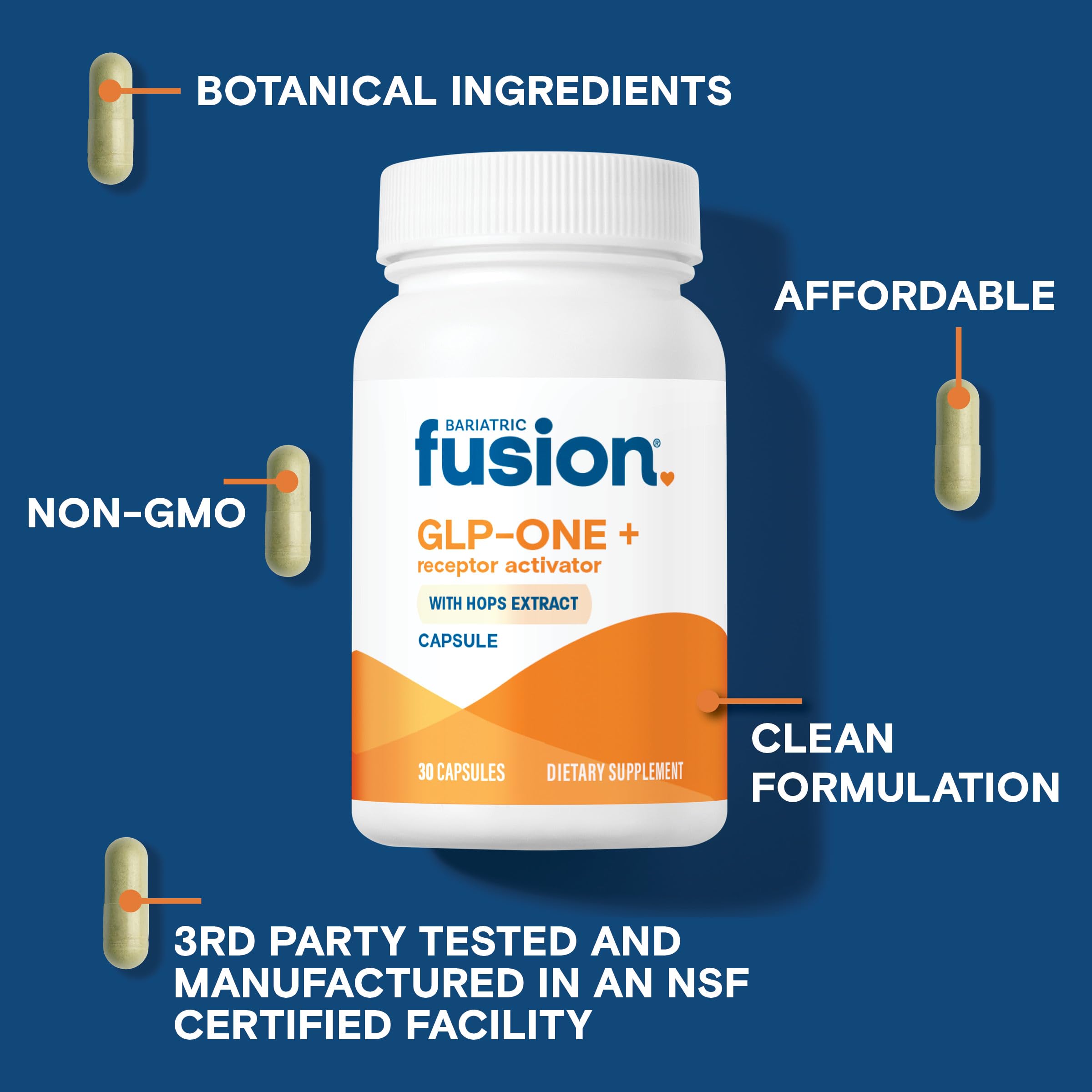 Bariatric Fusion GLP-ONE Plus capsules highlighting hops and copaiba ingredients.