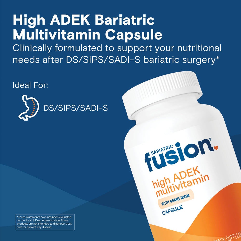 Bariatric Fusion High ADEK multivitamin bottle back with dosage information.