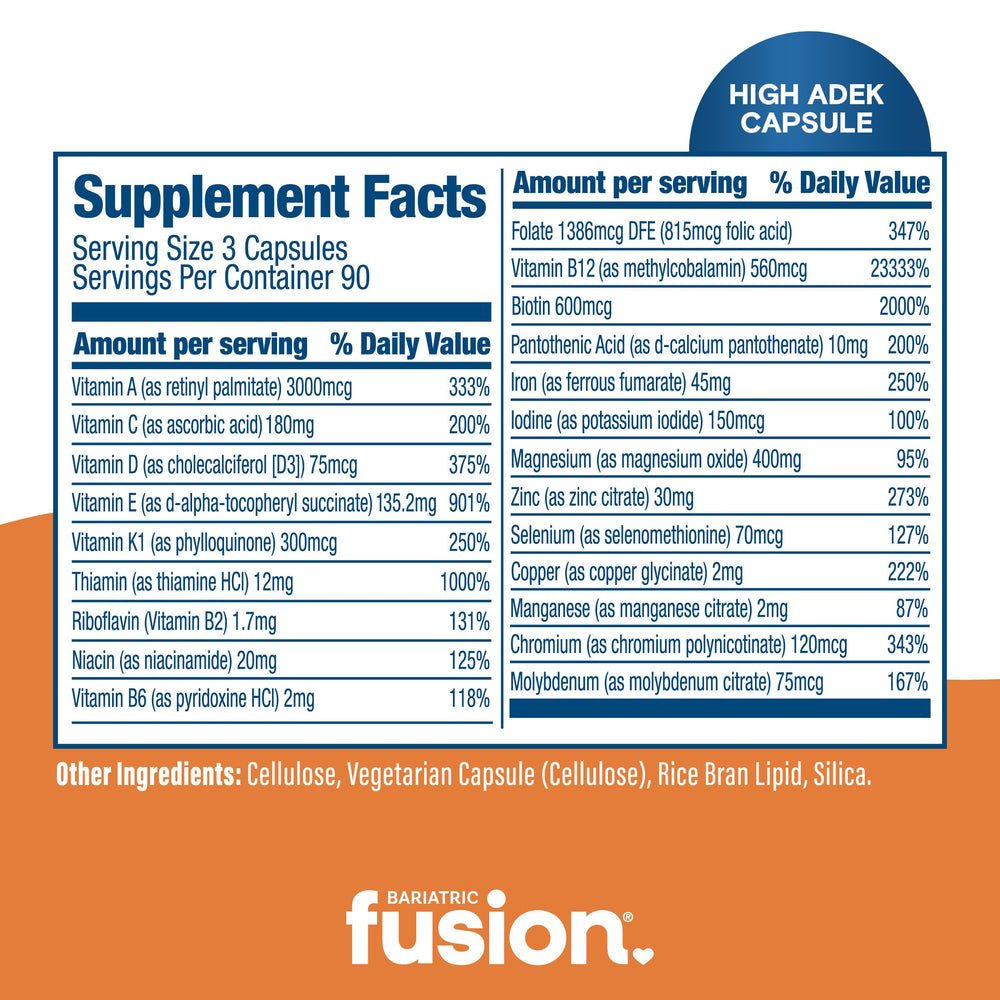 Bariatric Fusion High ADEK multivitamin label information featuring iron and vitamins.