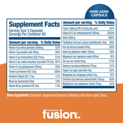 Bariatric Fusion High ADEK multivitamin label information featuring iron and vitamins.
