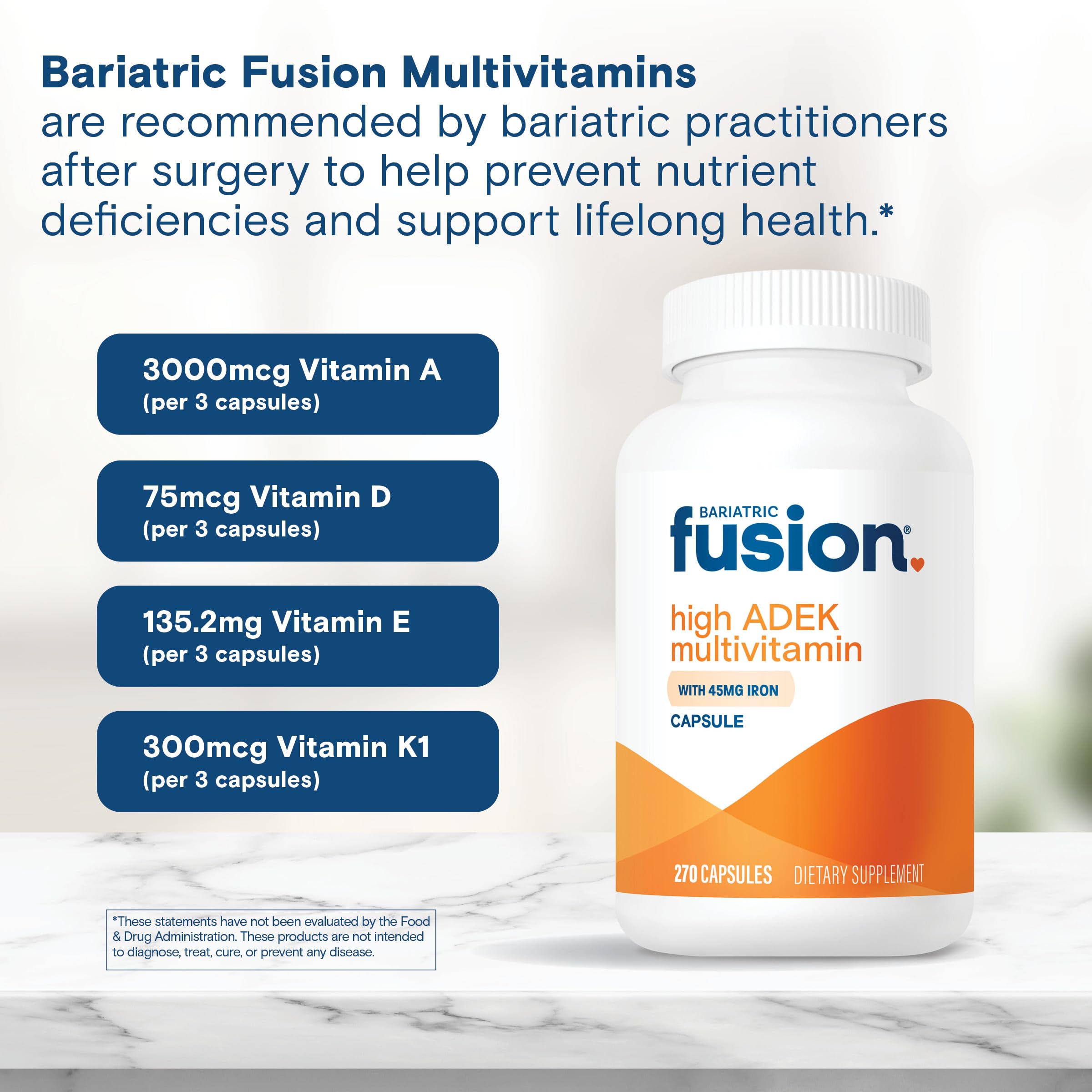 Bariatric Fusion High ADEK multivitamin packaging on shelf for a year-long supply.