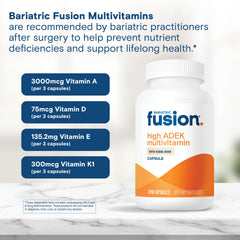Bariatric Fusion High ADEK multivitamin packaging on shelf for a year-long supply.