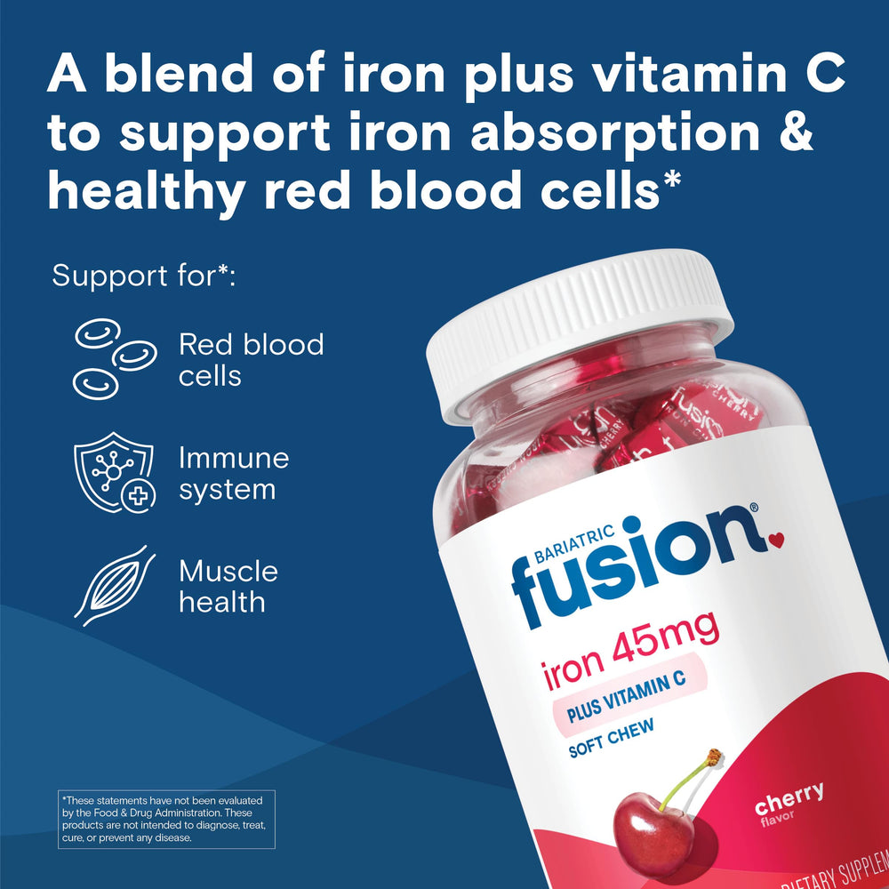 Cherry iron chew with Vitamin C to aid iron absorption.