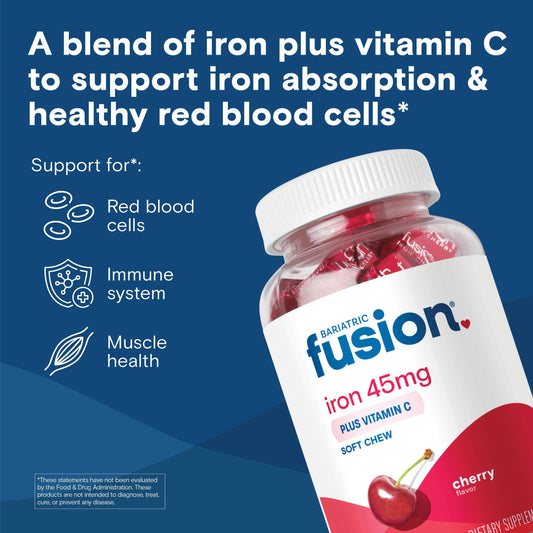 Cherry iron chew with Vitamin C to aid iron absorption.