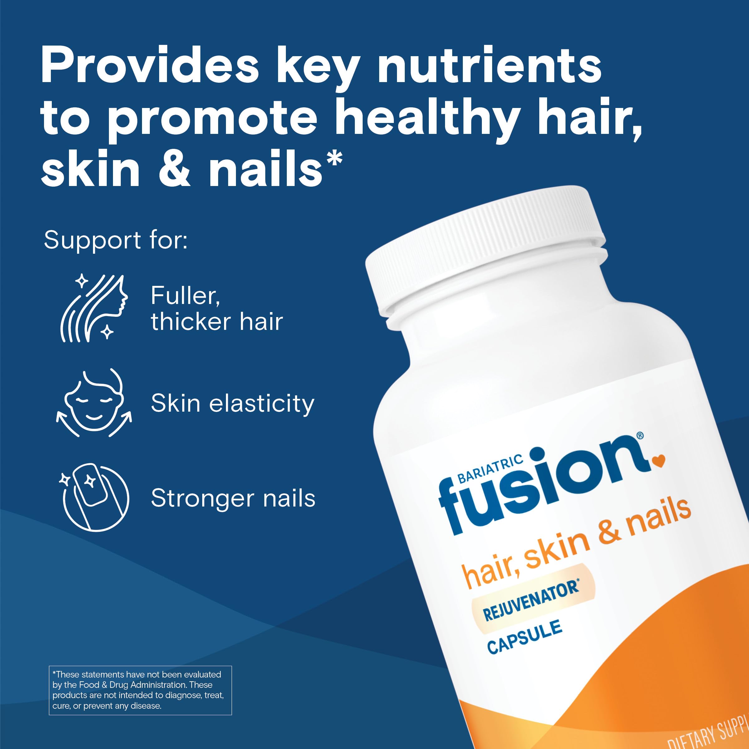 Bariatric Fusion ONE Per Day capsules closeup highlights biotin-rich formula for hair and nails.