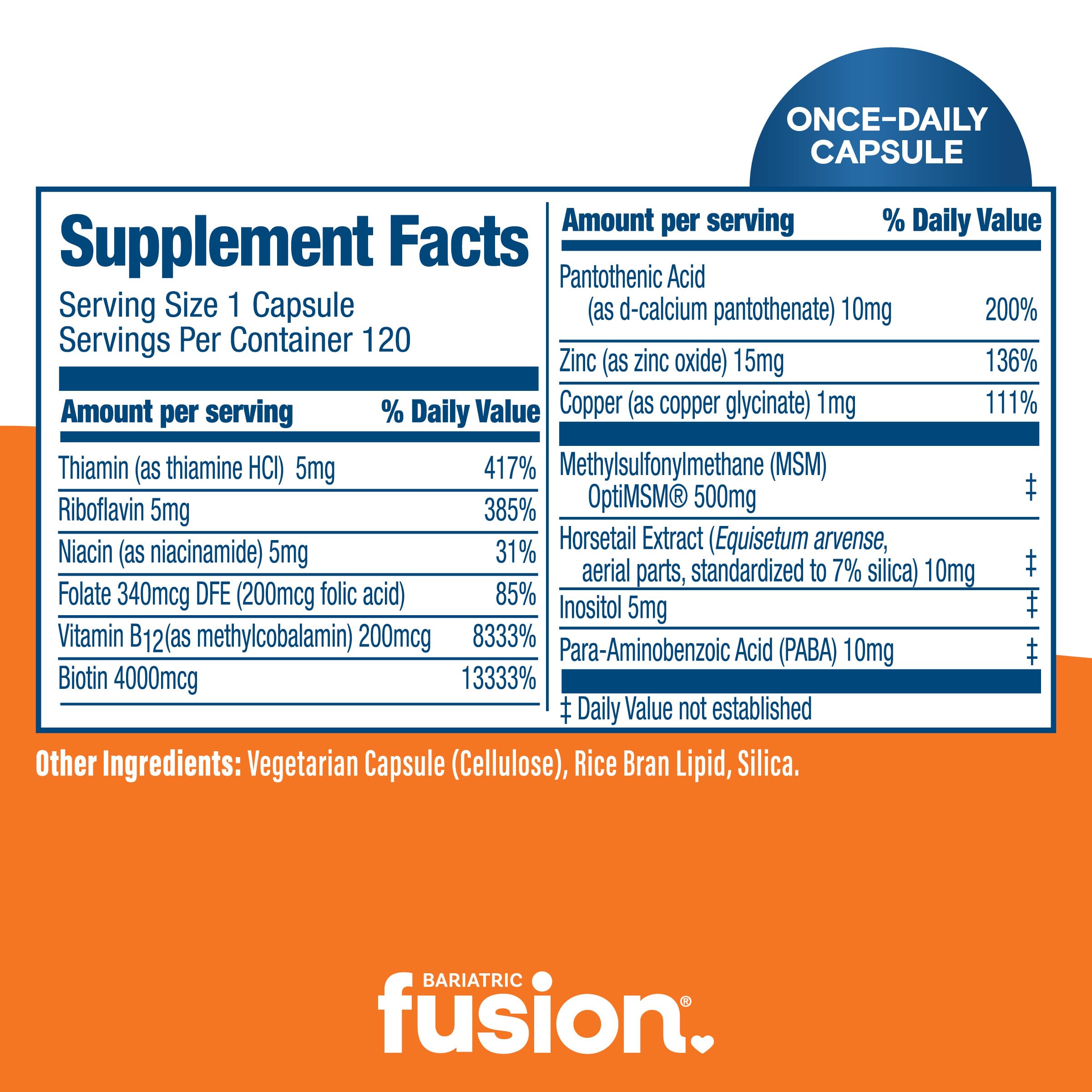 Bariatric Fusion ONE Per Day ingredients panel lists 13 nutrients including zinc and B vitamins.