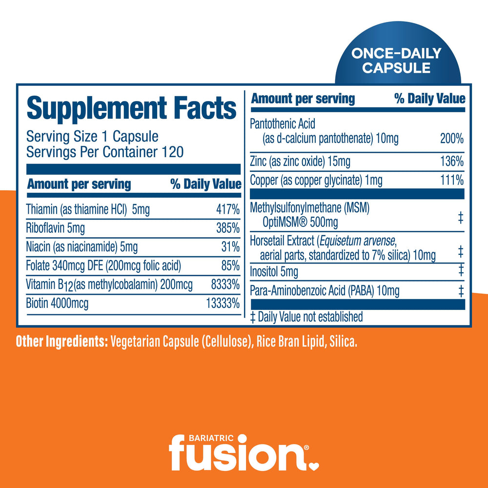 Bariatric Fusion ONE Per Day ingredients panel lists 13 nutrients including zinc and B vitamins.