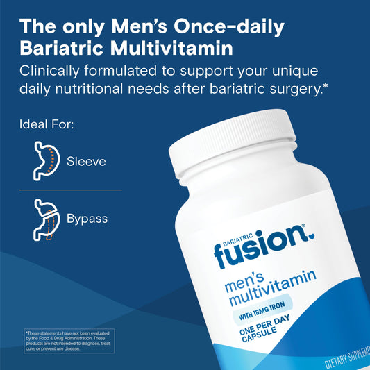 Bariatric Fusion One Per Day Men capsule close-up highlights easy swallow