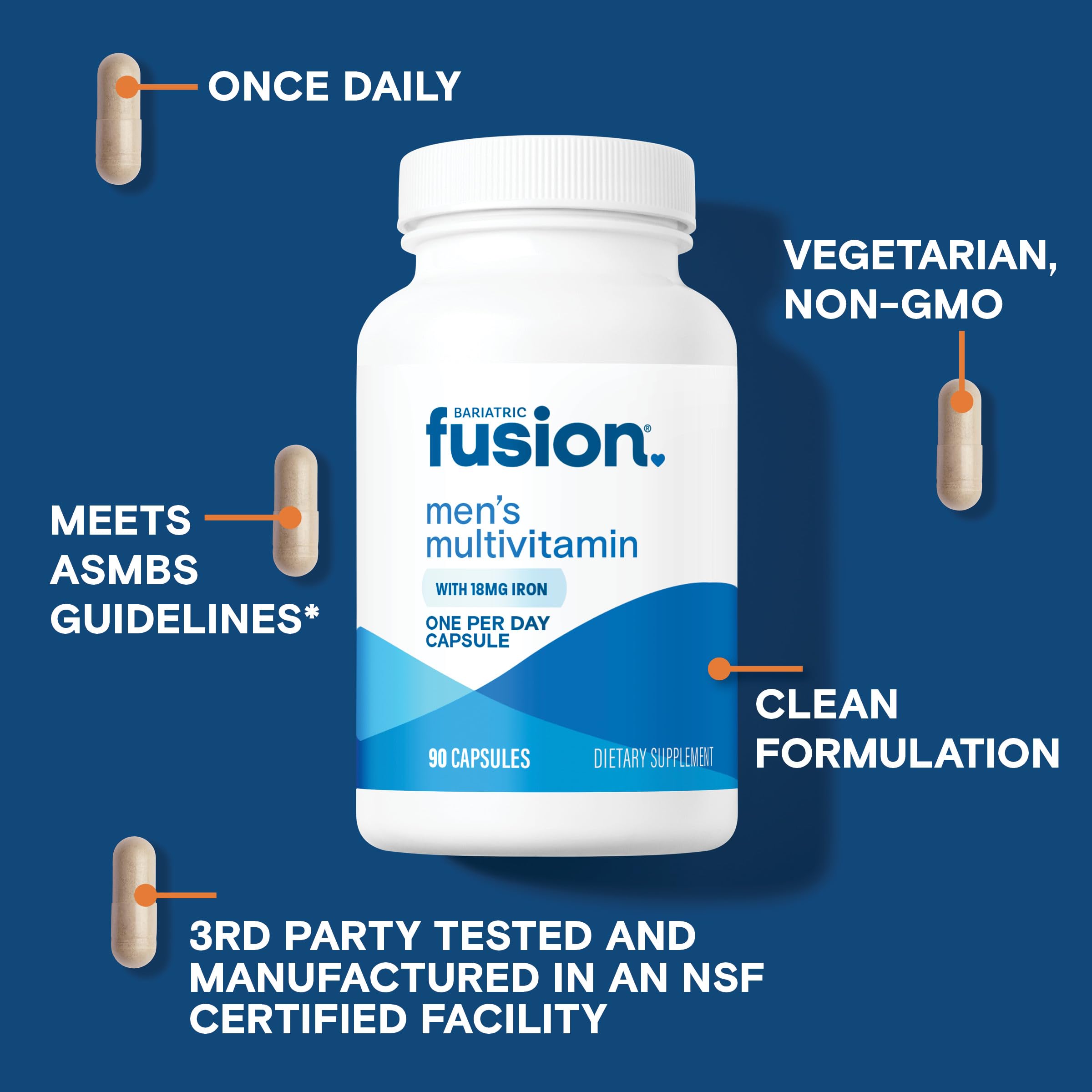 Bariatric Fusion One Per Day Men label close-up with iron-supported formula