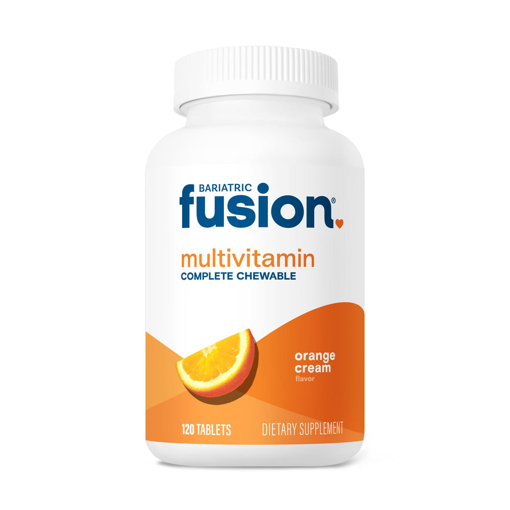 Bariatric Fusion orange cream bottle showing complete chewable multivitamins for post-surgery nutrition