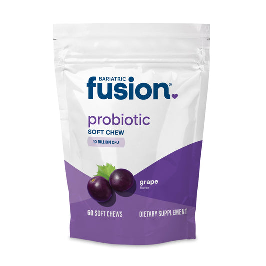Bariatric Fusion Probiotic Soft Chews grape bottle highlights 60-count supply for daily intake.