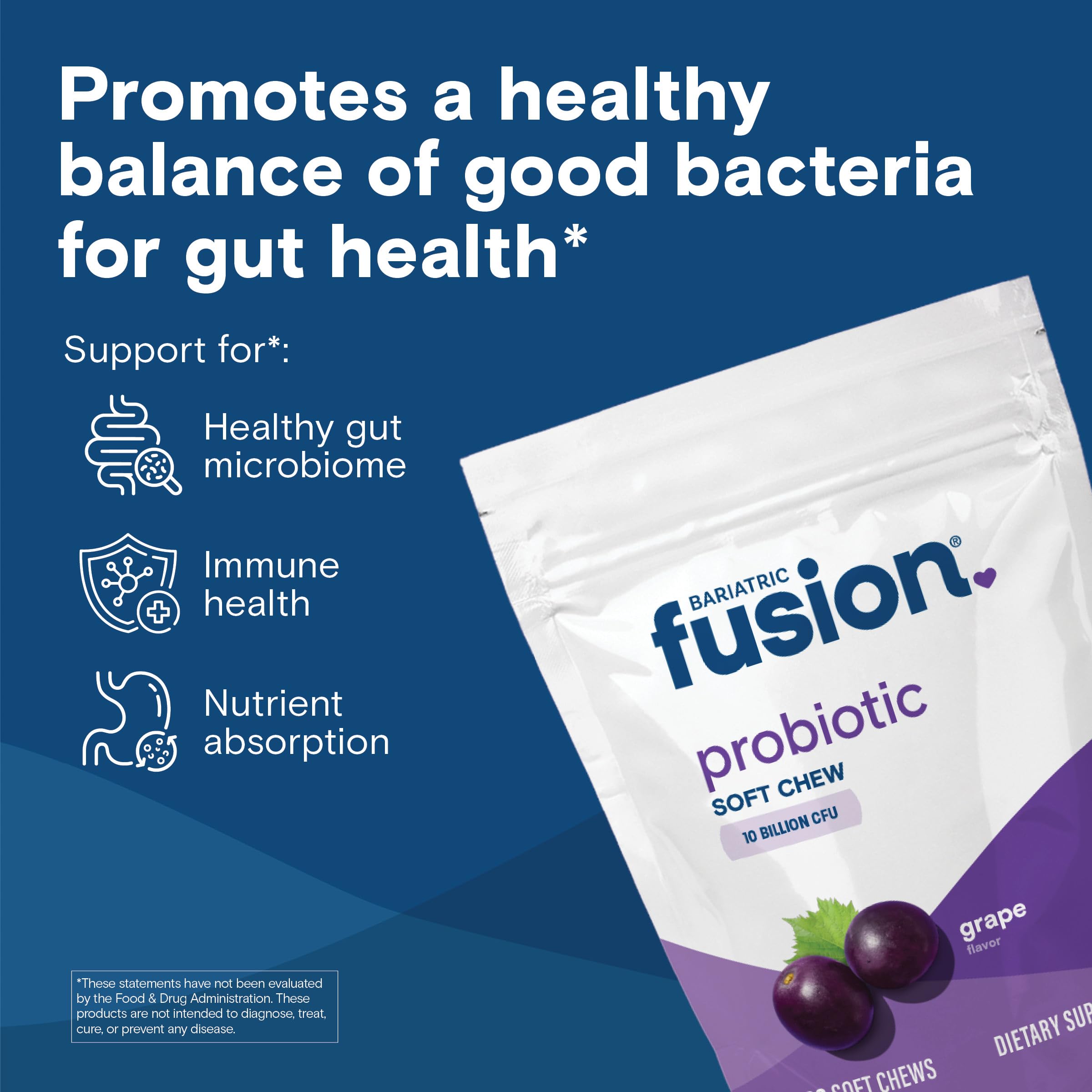 Close-up of grape-flavored chews emphasizes a tasty, sugar-free probiotic option.