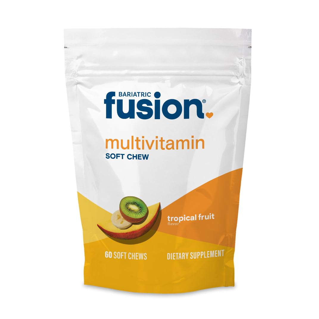 Bariatric Fusion tropical fruit soft chew bottle shown with clear label.