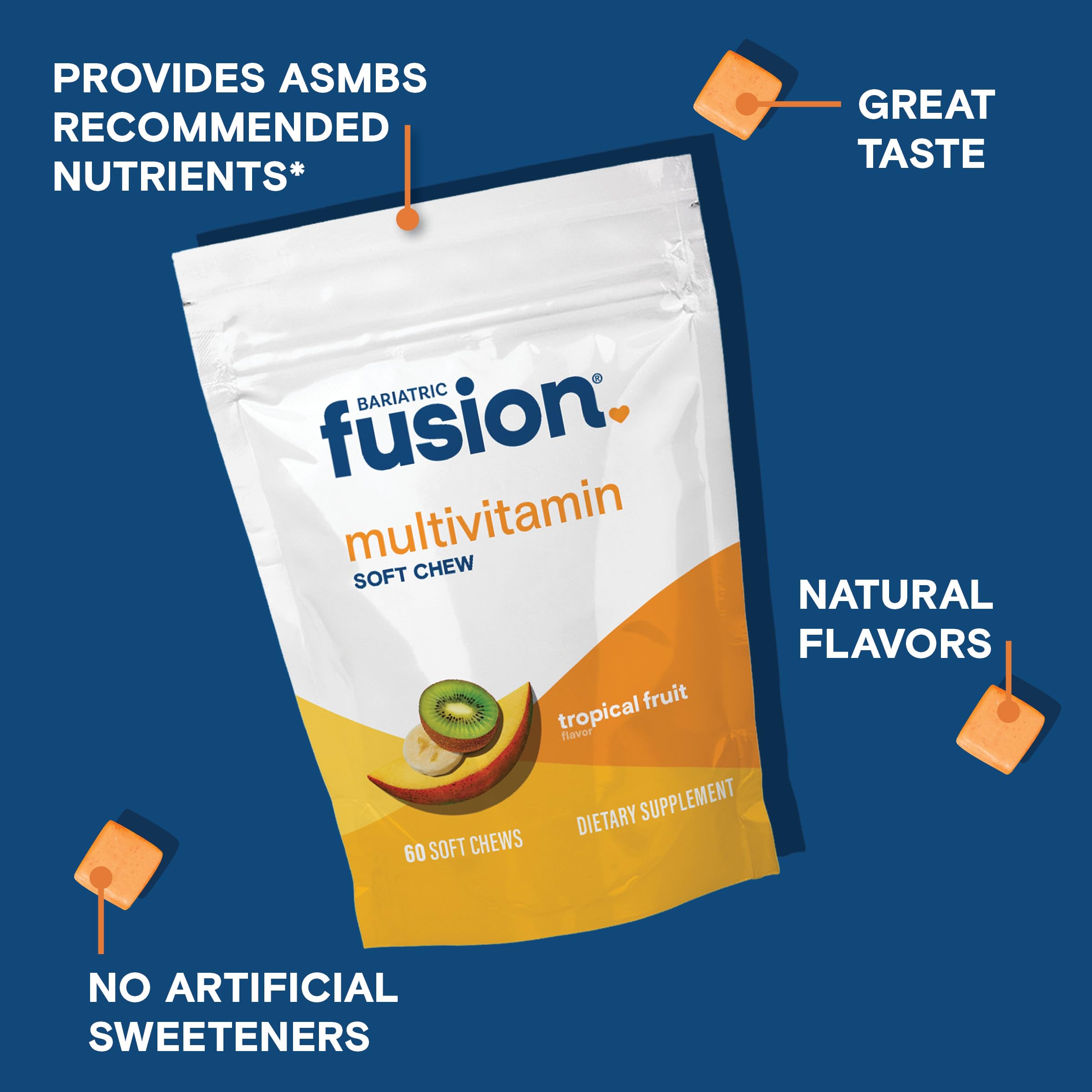 Front packaging of Bariatric Fusion soft chews tropical fruit flavor.