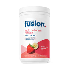 Bariatric Fusion strawberry banana powder bottle showing multi collagen blend for joint support potential