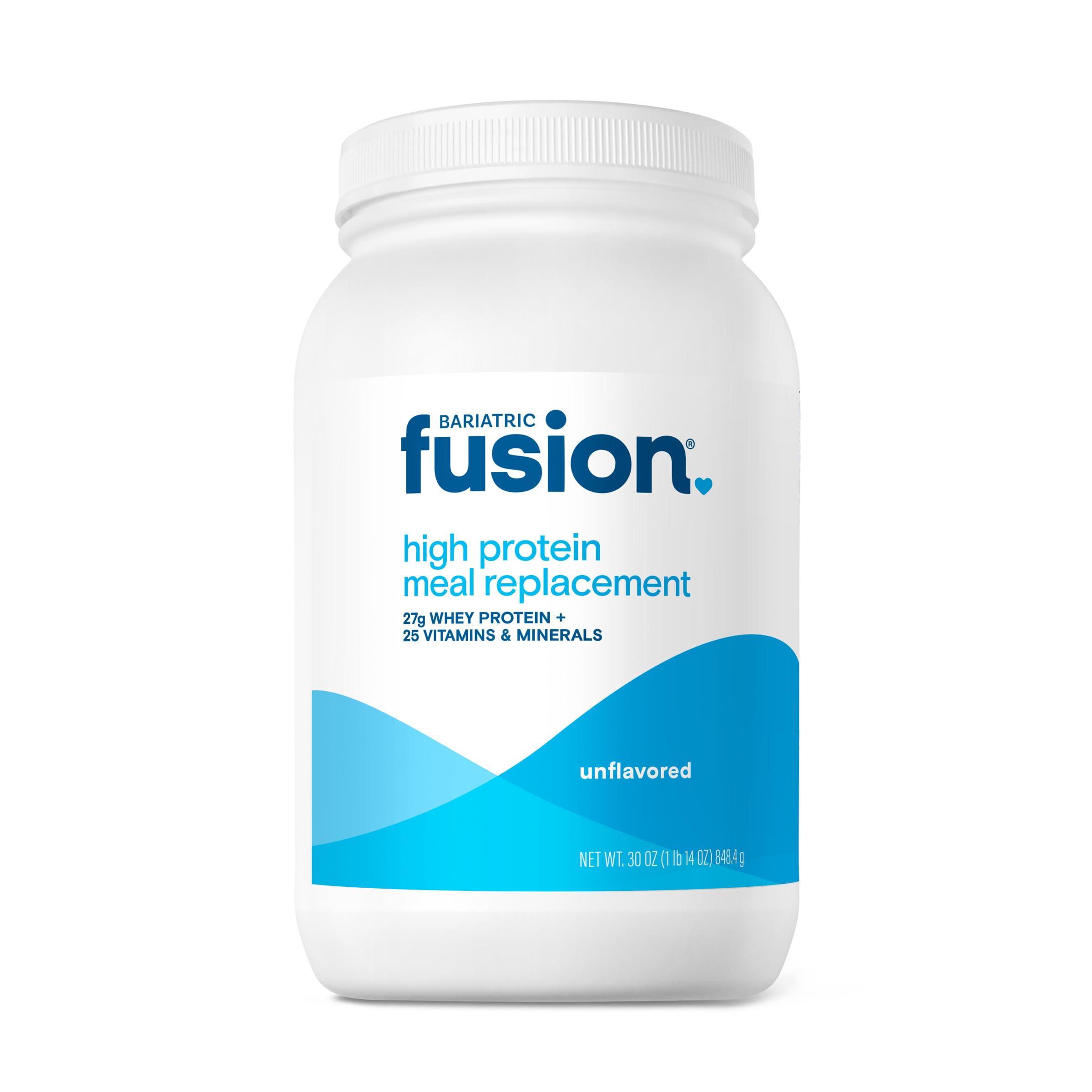 Bariatric Fusion unflavored meal replacement tub front with high-protein 27g powder for post-op nutrition.