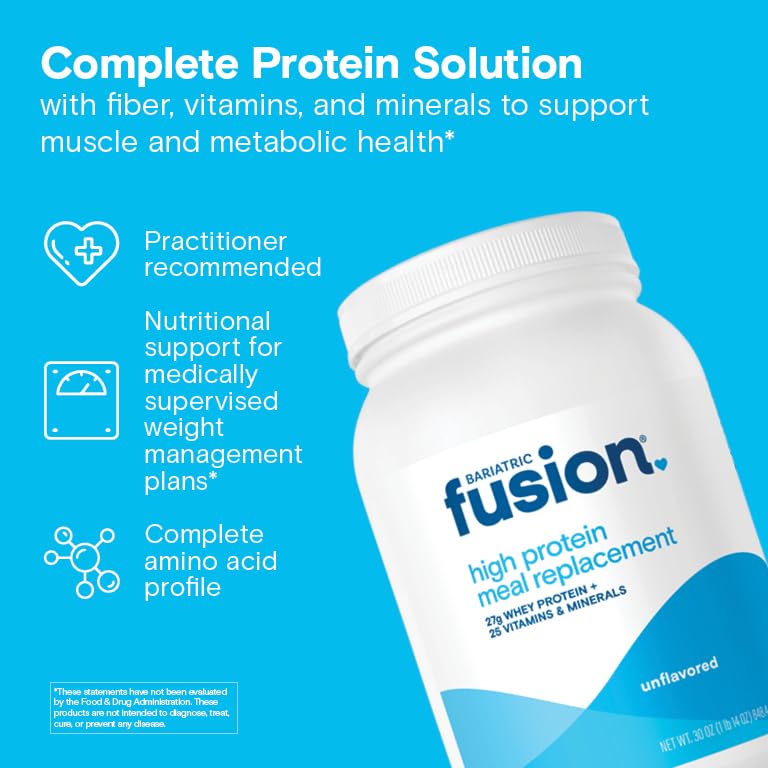 Bariatric Fusion unflavored meal replacement tub label closeup highlighting clean, gluten-free formula.