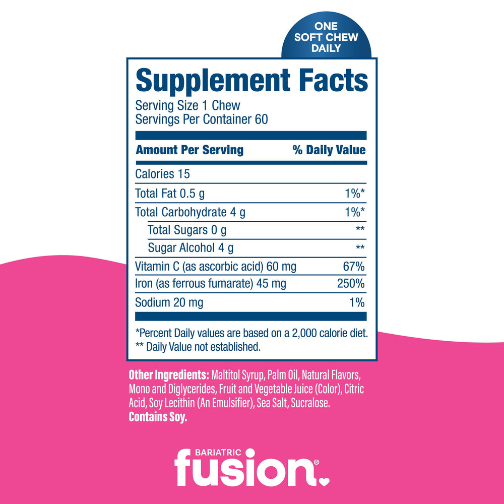 Bariatric Fusion Vitamin C enrichment supports iron absorption in each chew.