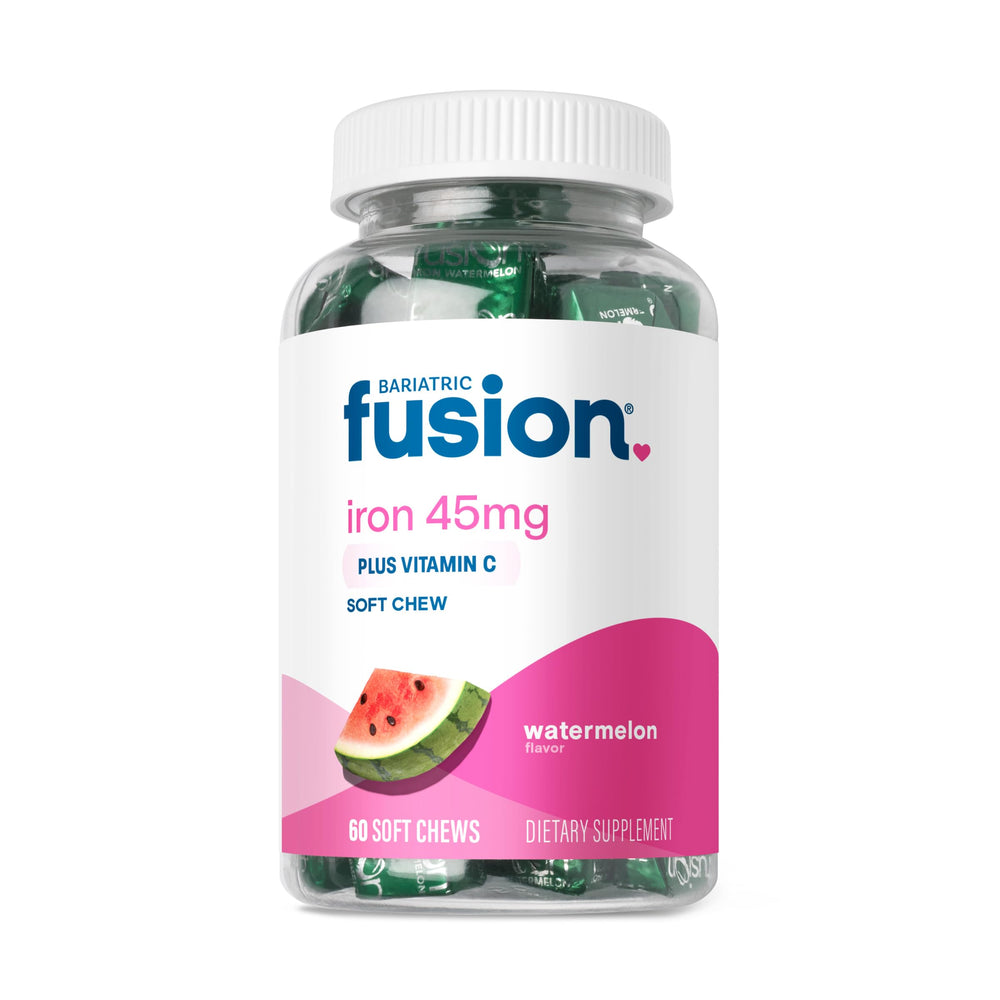 Bariatric Fusion Watermelon Iron Chew bottle showing flavor for convenient daily iron support.