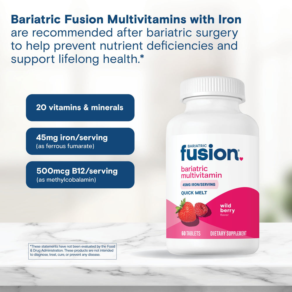 Bariatric Fusion label shows ASMBS-aligned nutrition guidelines.