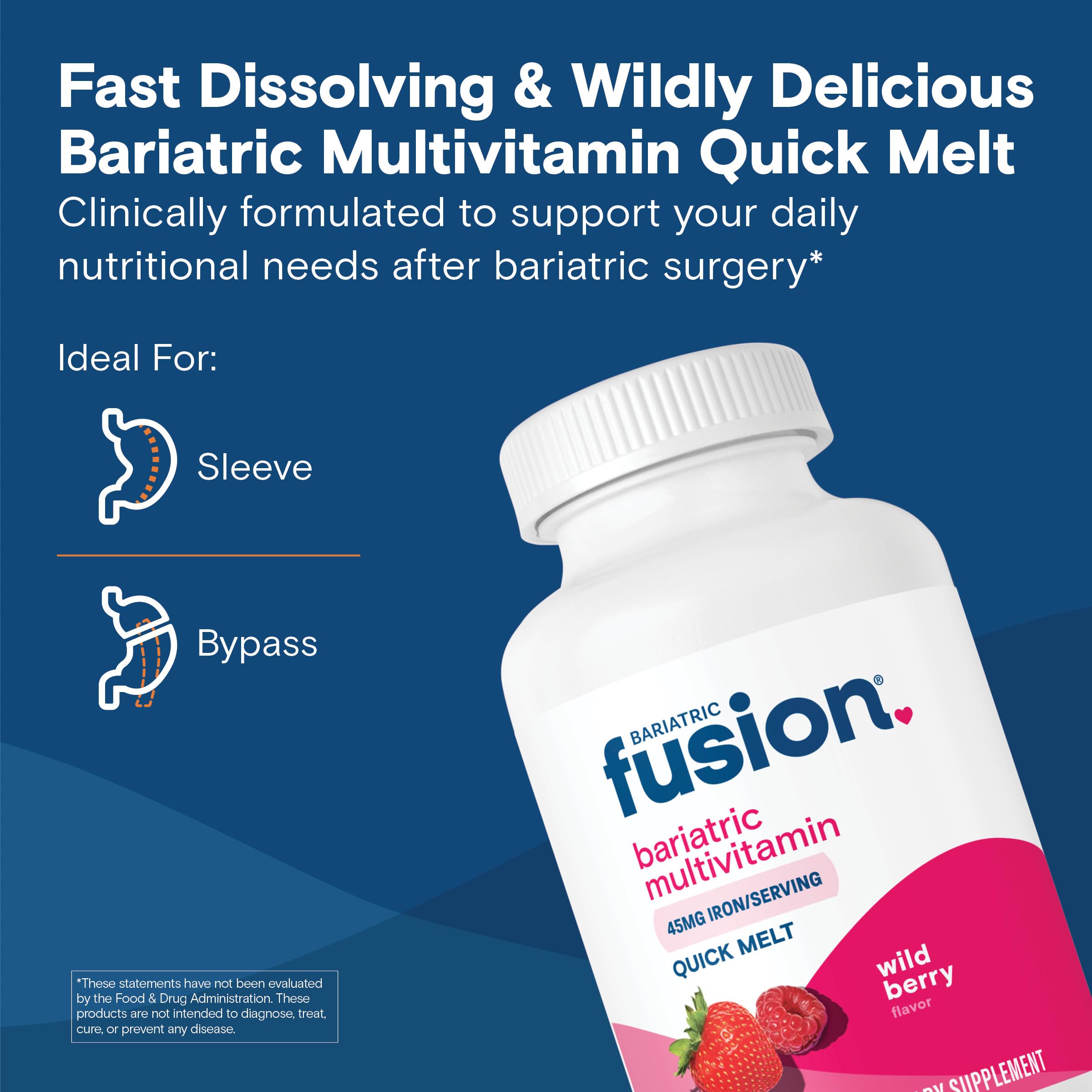 Bariatric Fusion quick-melt tablets close-up, fast dissolution for on-the-go use.