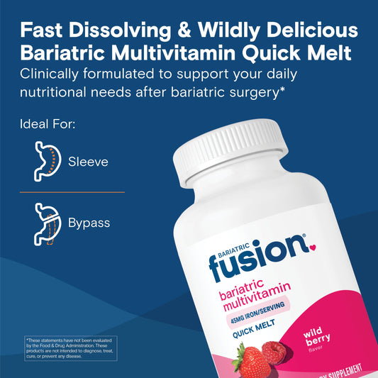 Bariatric Fusion quick-melt tablets close-up, fast dissolution for on-the-go use.