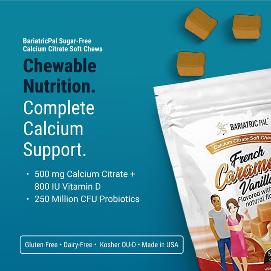 BariatricPal 500mg calcium citrate chews close-up highlighting high-absorption formula.