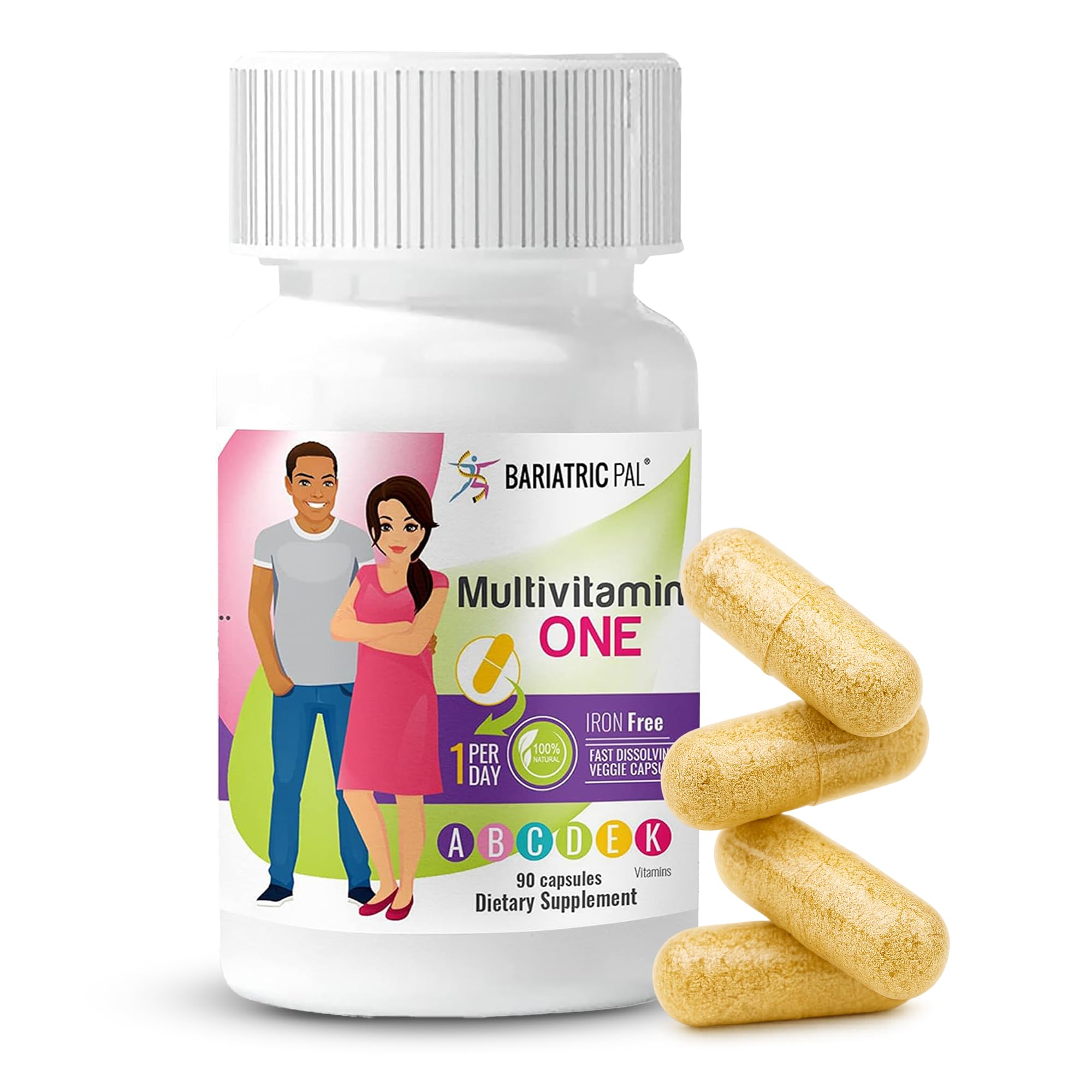 BariatricPal Bariatric Multivitamin One capsule shown as a small, easy-to-swallow post-surgery supplement.