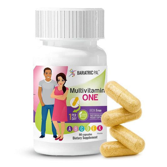 BariatricPal Bariatric Multivitamin One capsule shown as a small, easy-to-swallow post-surgery supplement.