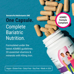 BariatricPal Multivitamin ONE capsules illustrate an easy to swallow daily supplement.