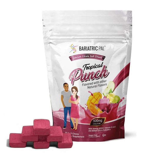 BariatricPal bottle front shows tropical punch soft chews.