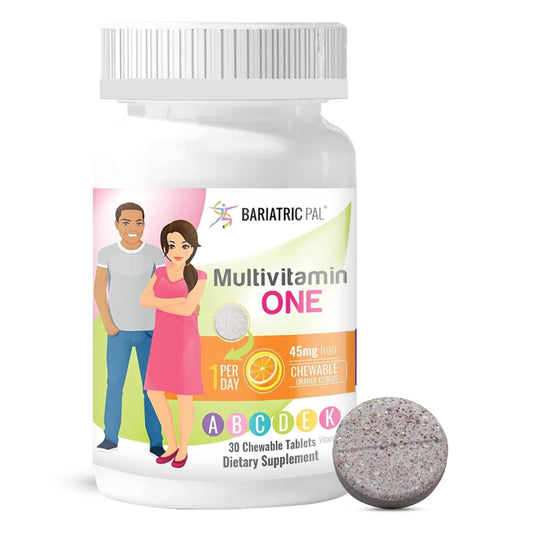 BariatricPal Multivitamin ONE orange citrus chewable tablet for daily nutrition.