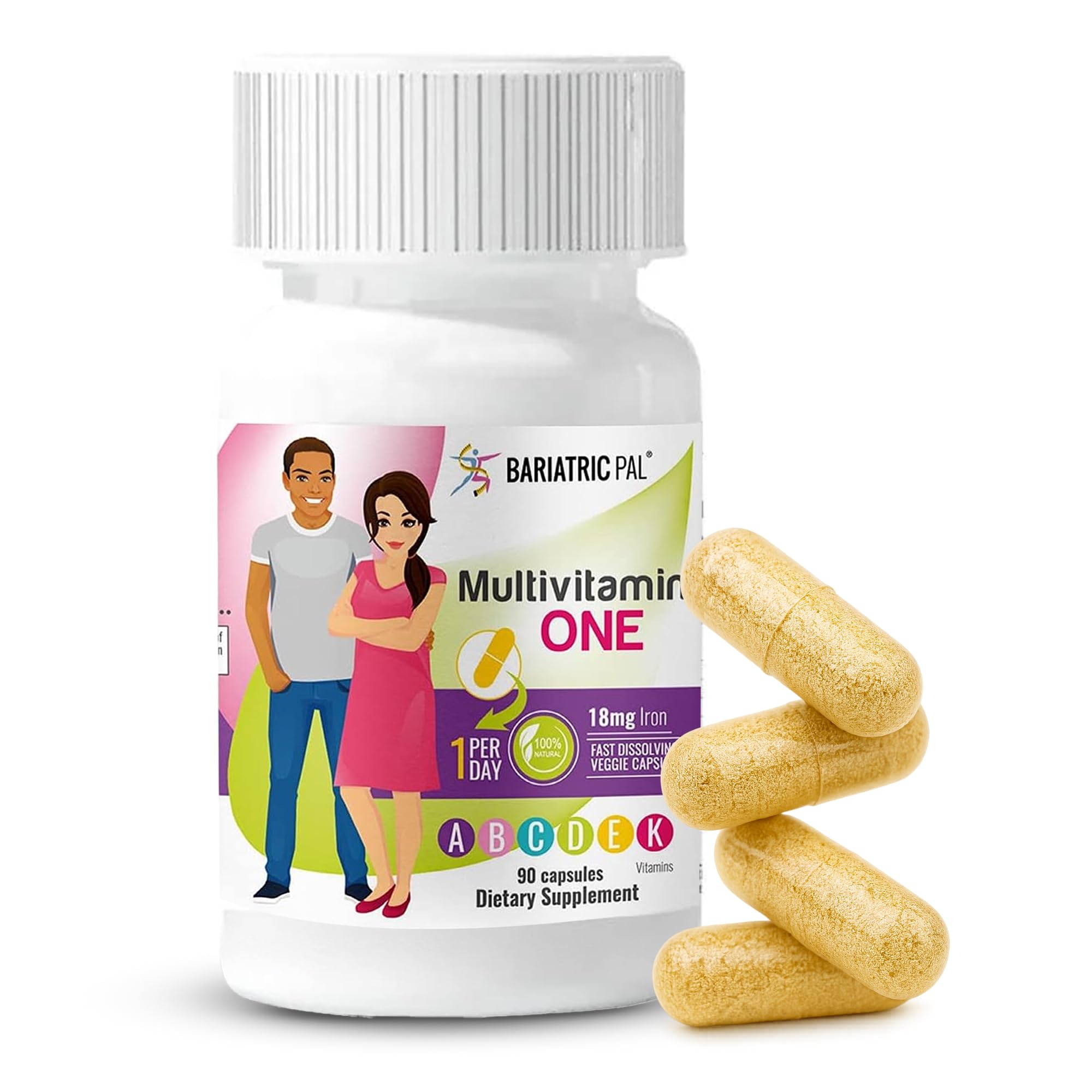 BariatricPal multivitamin one-per-day bottle shows complete post-surgery nutrition at a glance.
