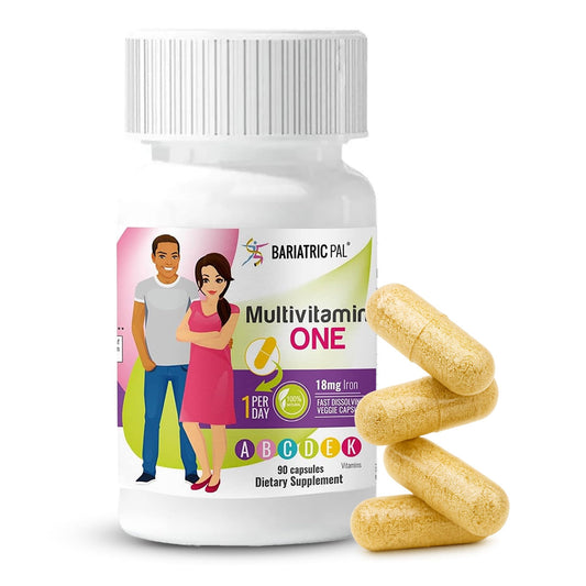 BariatricPal multivitamin one-per-day bottle shows complete post-surgery nutrition at a glance.