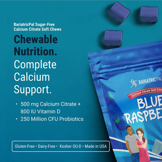 BariatricPal 500mg Calcium Citrate Soft Chews bottle shows three daily servings for bone-friendly nutrition.