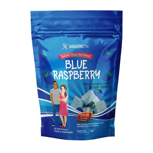 BariatricPal Sugar-Free Calcium Citrate Soft Chews Blue Raspberry bag highlights sugar-free formula for daily use.