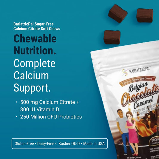 BariatricPal Sugar-Free Calcium Citrate Soft Chews bottle back label shows vitamin D and probiotic benefits.