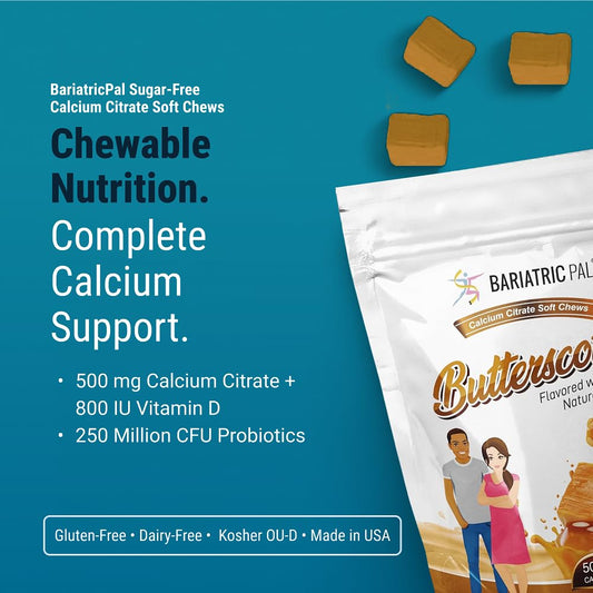 BariatricPal bottle view of chews highlights 500mg calcium citrate per chew.