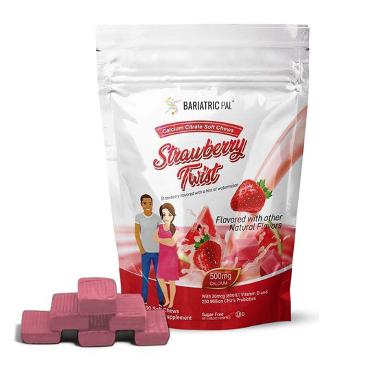 BariatricPal sugar-free calcium citrate chews bottle for post-surgery calcium support.