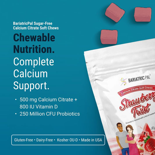 BariatricPal calcium citrate soft chews close-up label shows flavor and absence of artificial sweeteners.