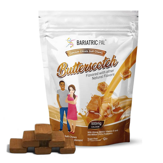 BariatricPal sugar-free calcium citrate chews package front showing branding and flavor.