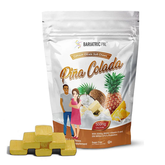 BariatricPal sugar-free calcium citrate chews Piña Colada bottle for easy daily dosing.