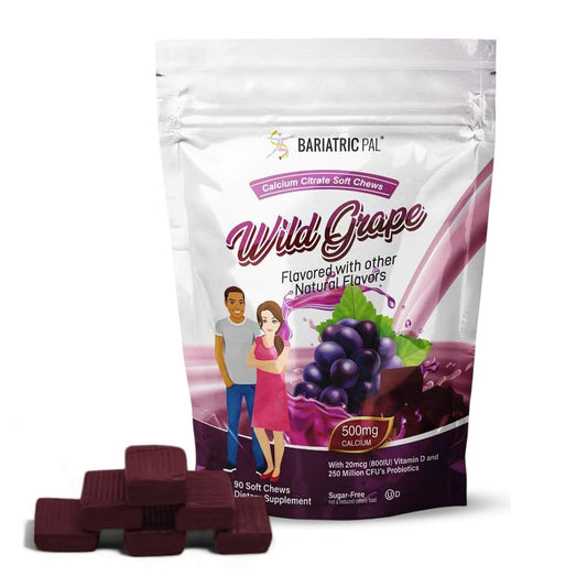 BariatricPal sugar-free calcium citrate soft chews in a wild grape bottle for convenient daily calcium support.