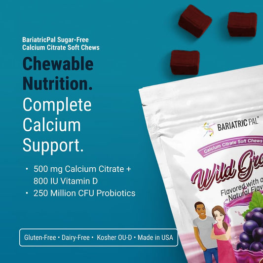 Open pack of BariatricPal sugar-free calcium citrate soft chews with wild grape flavor.
